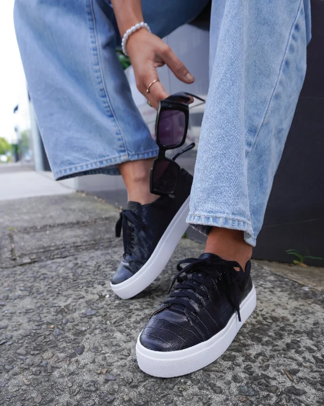 Just A Dream Croc Leather Sneaker | Women | Black Dark color unclassified dresses