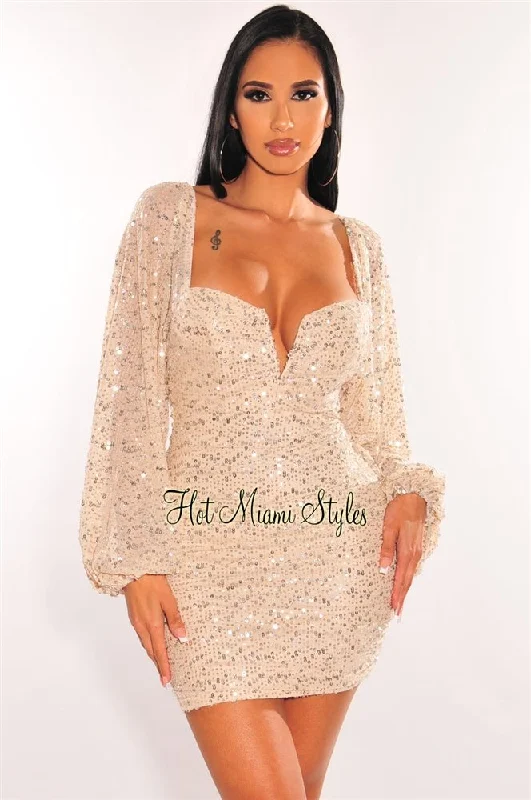 Champagne Silver Sequins V Wire Long Sleeve Ruched Dress