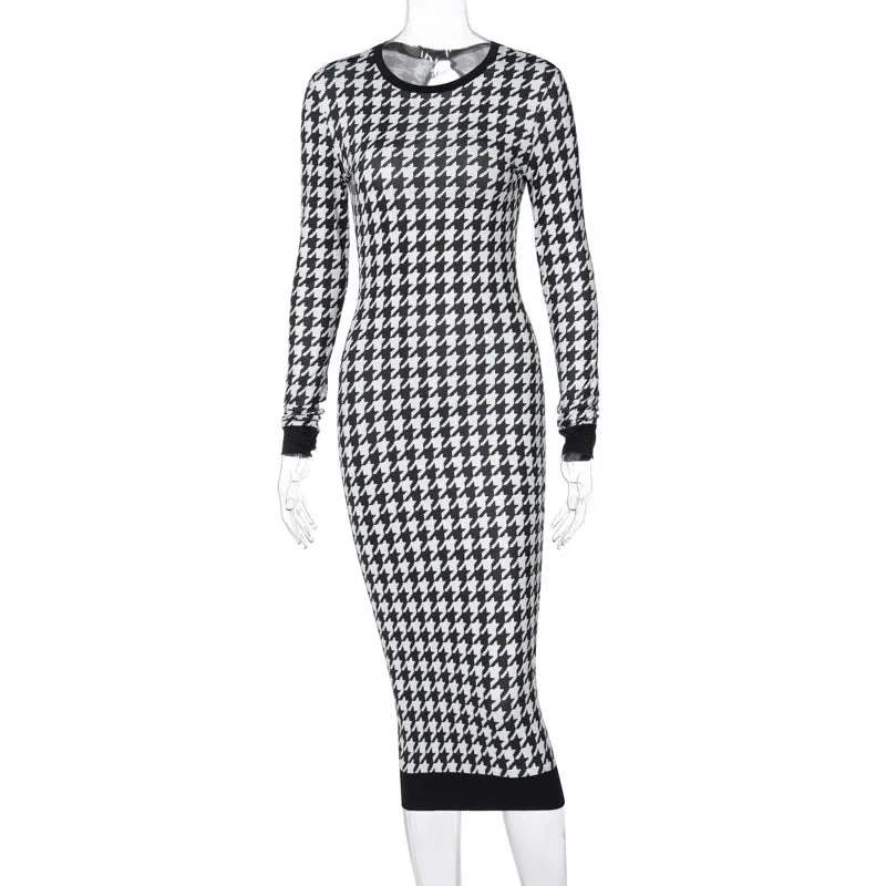 Houndstooth Print Women Long Sleeve Hollow Out Bodycon Streetwear 2024 Autumn Winter Club Elegant Slim Midi Dress