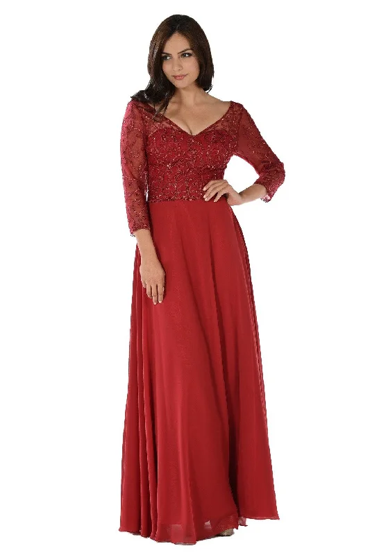 Embroidered Long V-Neck Dress with Sleeves by Poly USA 7808