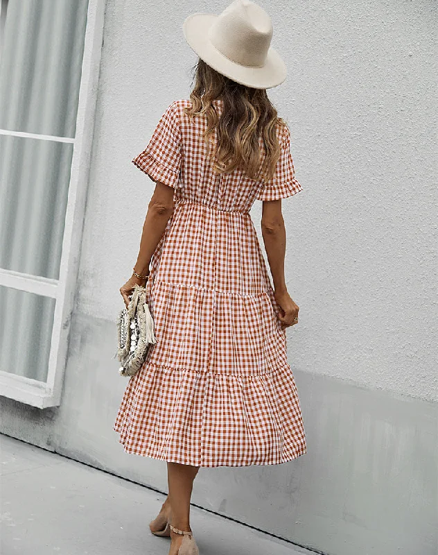 FashionSierra - Vintage Plaid Slim Ruffles High Waist Midi Sundress