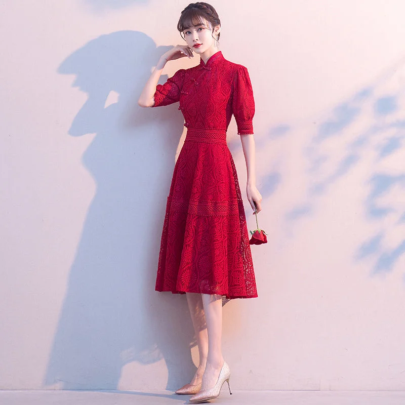 Mandarin Collar Puff Sleeve Floral Lace Knee Length Oriental Evening Dress