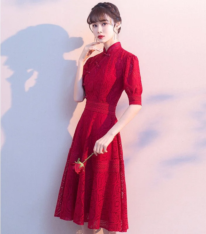 Mandarin Collar Puff Sleeve Floral Lace Knee Length Oriental Evening Dress