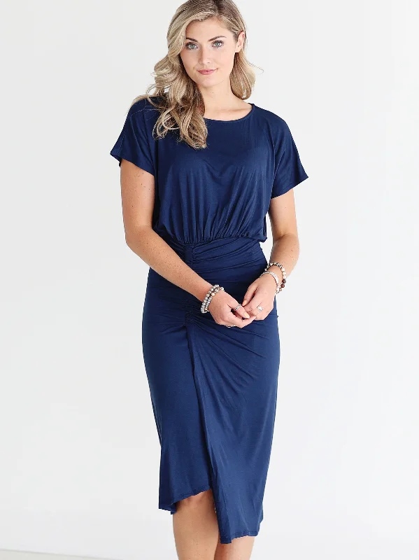 Navy DLMN Ruched Side Midi Dress