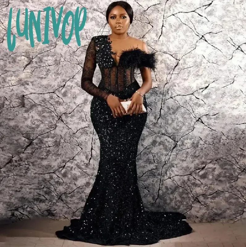 Lunivop Long sleeved Black Mermaid Sexy Formal Luxury Evening Dress Feather Crystal Beads Sequins Party Dress One Shoulder 2024