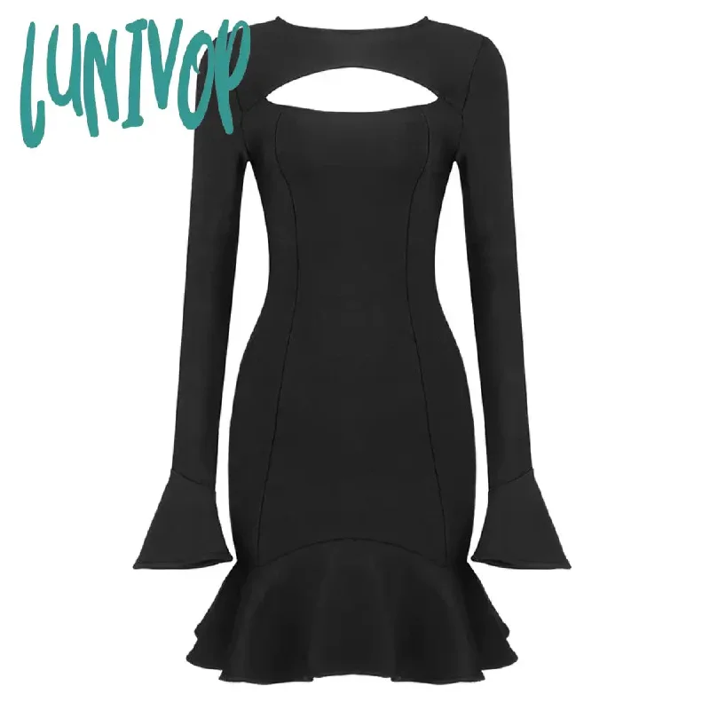 Lunivop Women Spring Sexy Long Sleeve Key Hole White Black Mini Pleated Bodycon Bandage Dress Elegant Evening Party Dress Vestidos