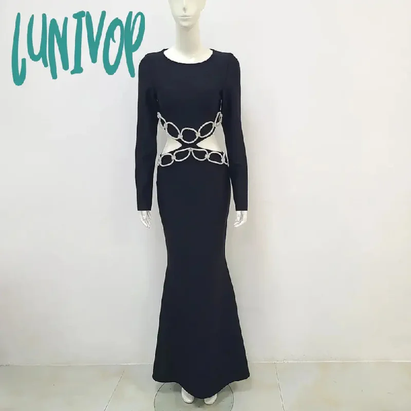 Lunivop Women Summer Sexy Long Sleeve Black White Diamonds Maxi Long Bandage Dress Elegant Evening Club Party Dress