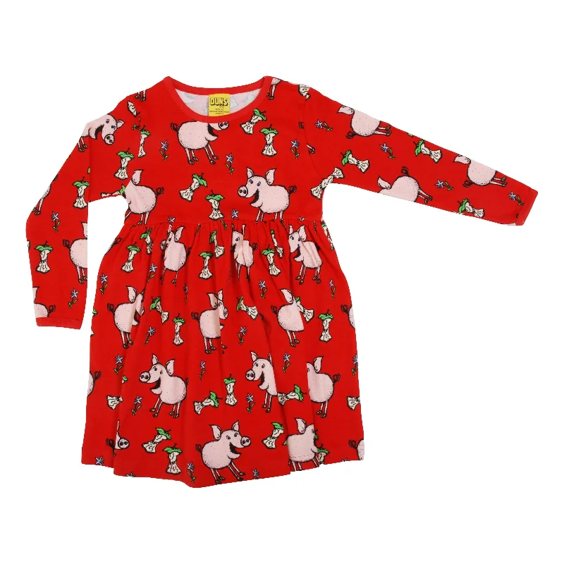 Pigs - Red Long Sleeve Dress With Gathered Skirt