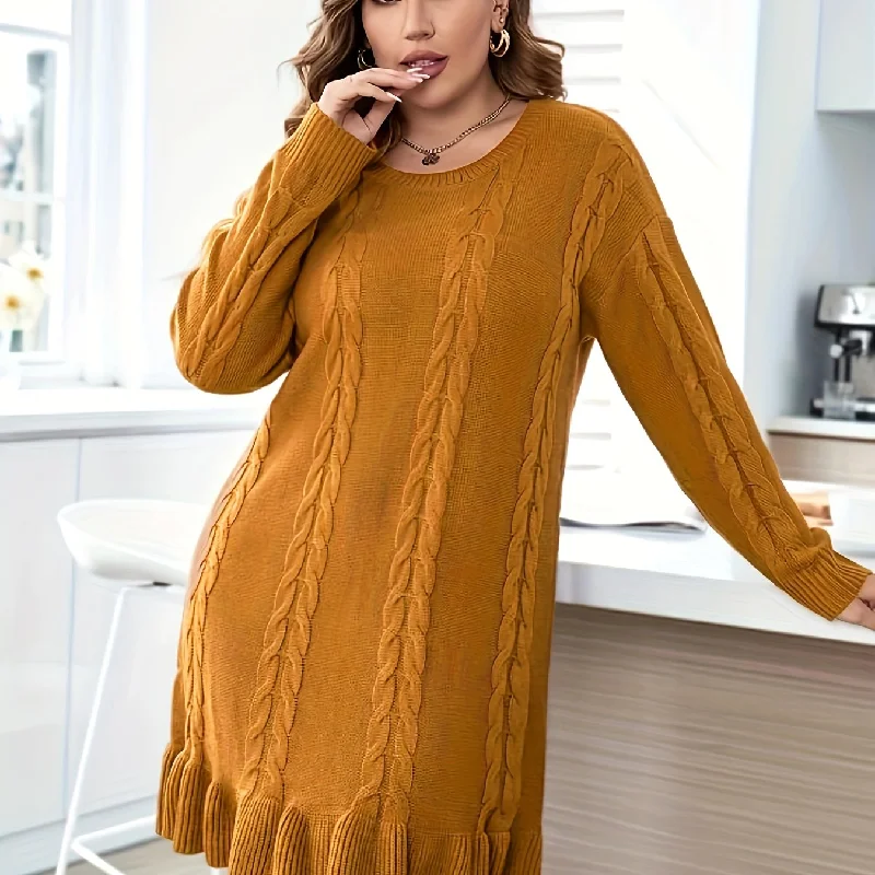 Sixsr Plus Size Casual Sweater Dress, Women's Plus Solid Cable Knit Round Neck Long Sleeve Ruffle Trim Slight Stretch Sweater Dress