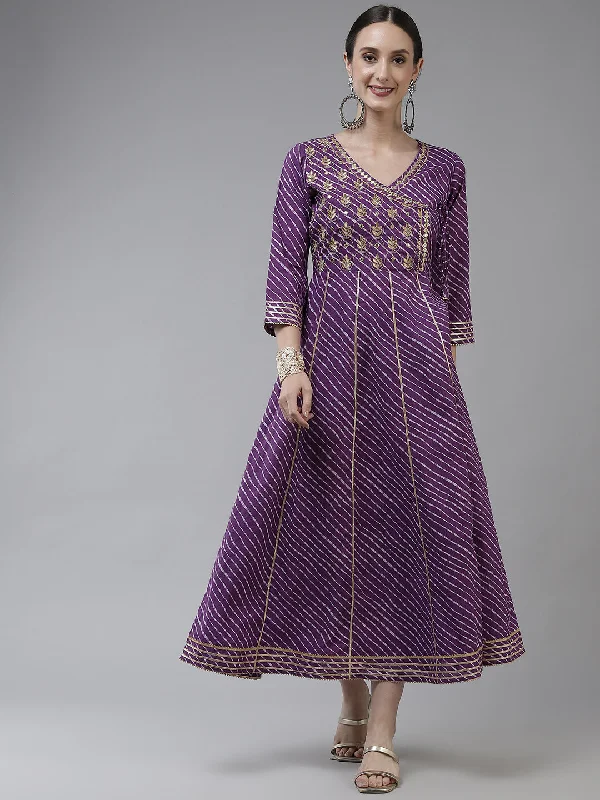 Women's Purple Embroidery Angrakha Style Dress - Yufta