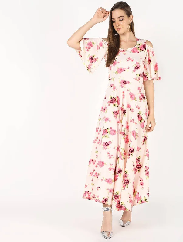 Women's Cream Front Princess Cut With Bell Sleeve Floral Print Long Dress - Cheera