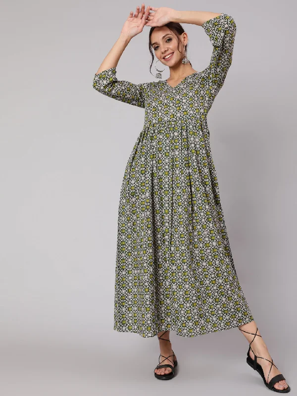 Women's Mustard Printed Dress With Three Quarter Sleeves - Nayo Clothing