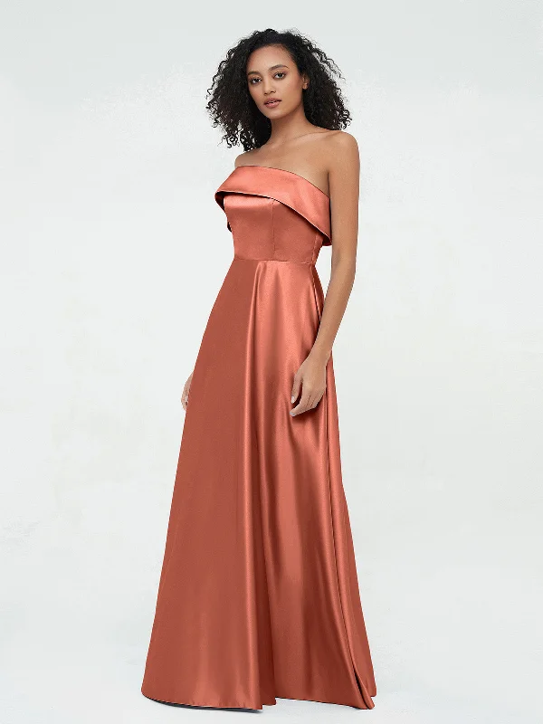 One Shoulder Satin Long Dresses with Pockets-Rust