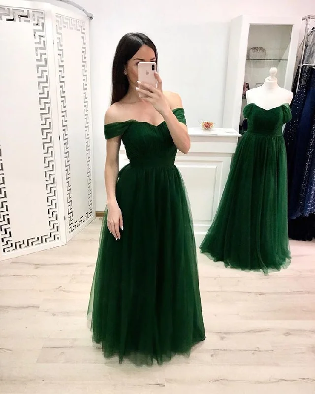 Simple A Line Off the Shoulder Prom Dress, Long Tulle Green Prom Dress OKK25