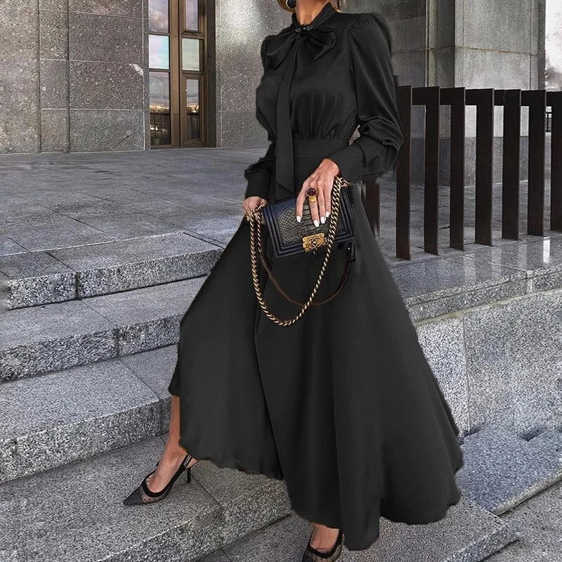 Sixsr Elegant Vintage Dresses Classy Outfits Women Fashion Spring Autumn Long Sleeve Satin Yellow Dress Chic Maxi Dress