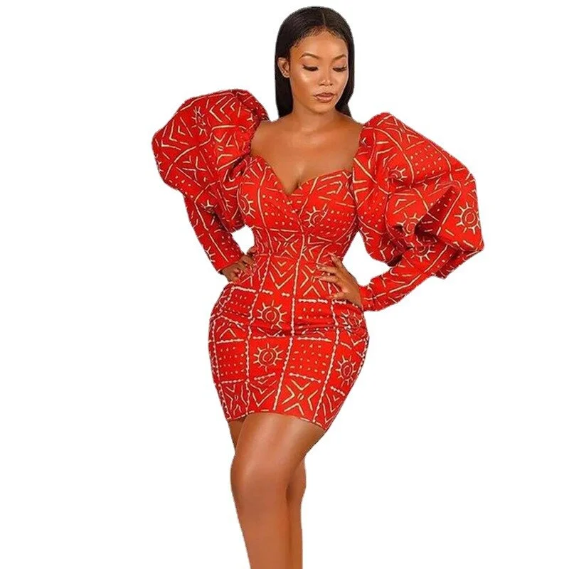 sixsr Fashion Trends Women Dress Sexy Party Printed Long Lantern Sleeves Vintage Retro Large Size Mini African Female Event Celebrate Gown Robes