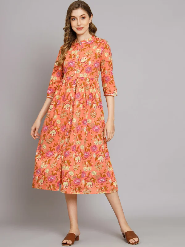 Women's Peach Tropical Print Flared Emellished Dress - Deckedup